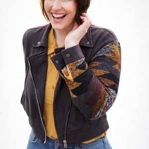 LuLaRoe Black Bomber Jacket with Brown and Gold Patterned Sleeves